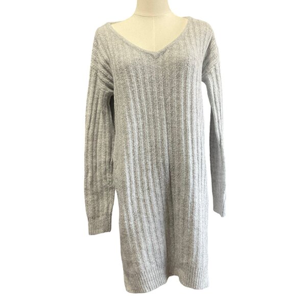 Grey V-Neck Cable Knit Dress - Picture 1 of 3